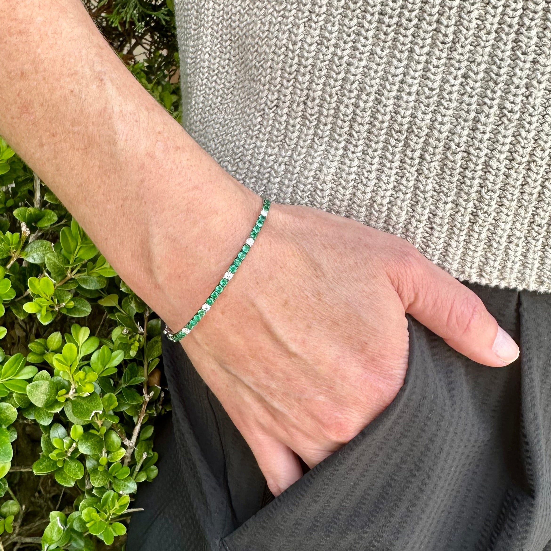 White Gold Diamond and Emerald Bangle