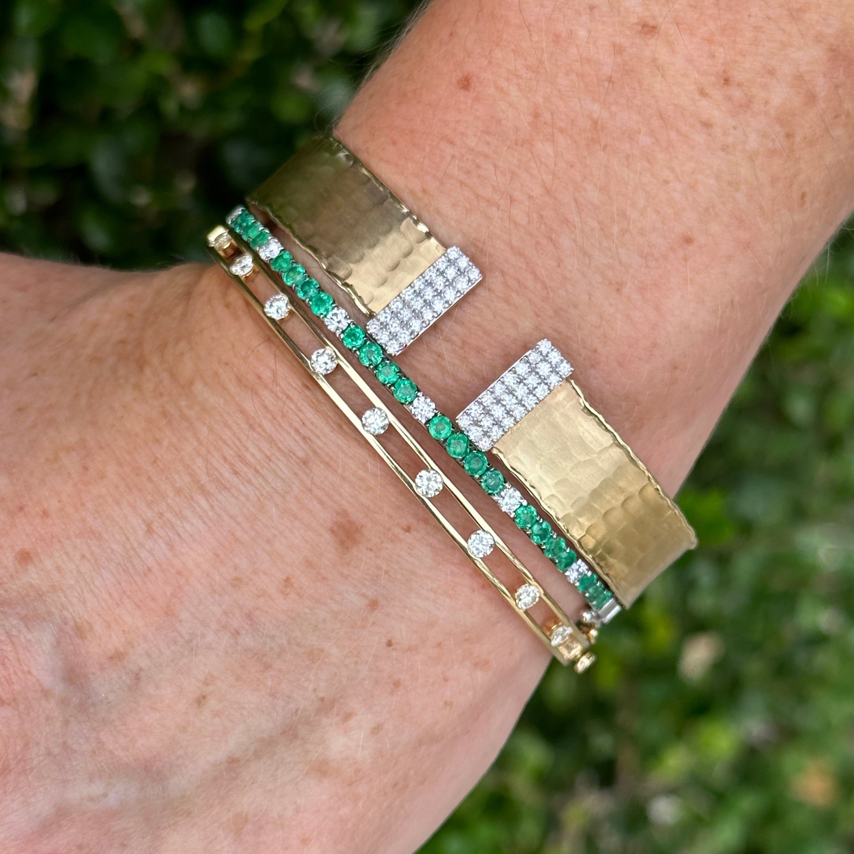 White Gold Diamond and Emerald Bangle