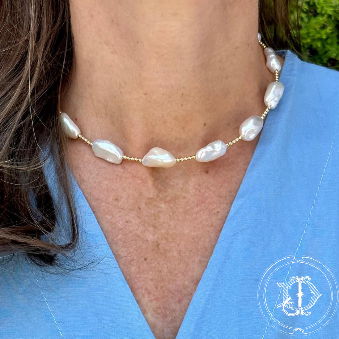 Yellow Gold Beaded and Fresh Water Pearl Choker