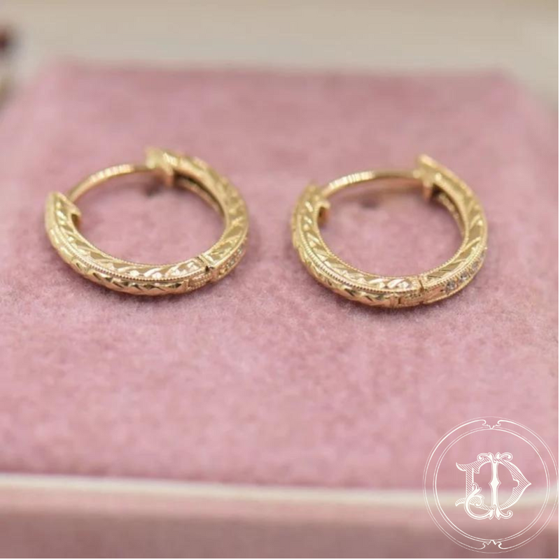Huggies Hand Rings Yellow Gold Diamond Huggies With Hand Engraving – Dianne's Jewelry