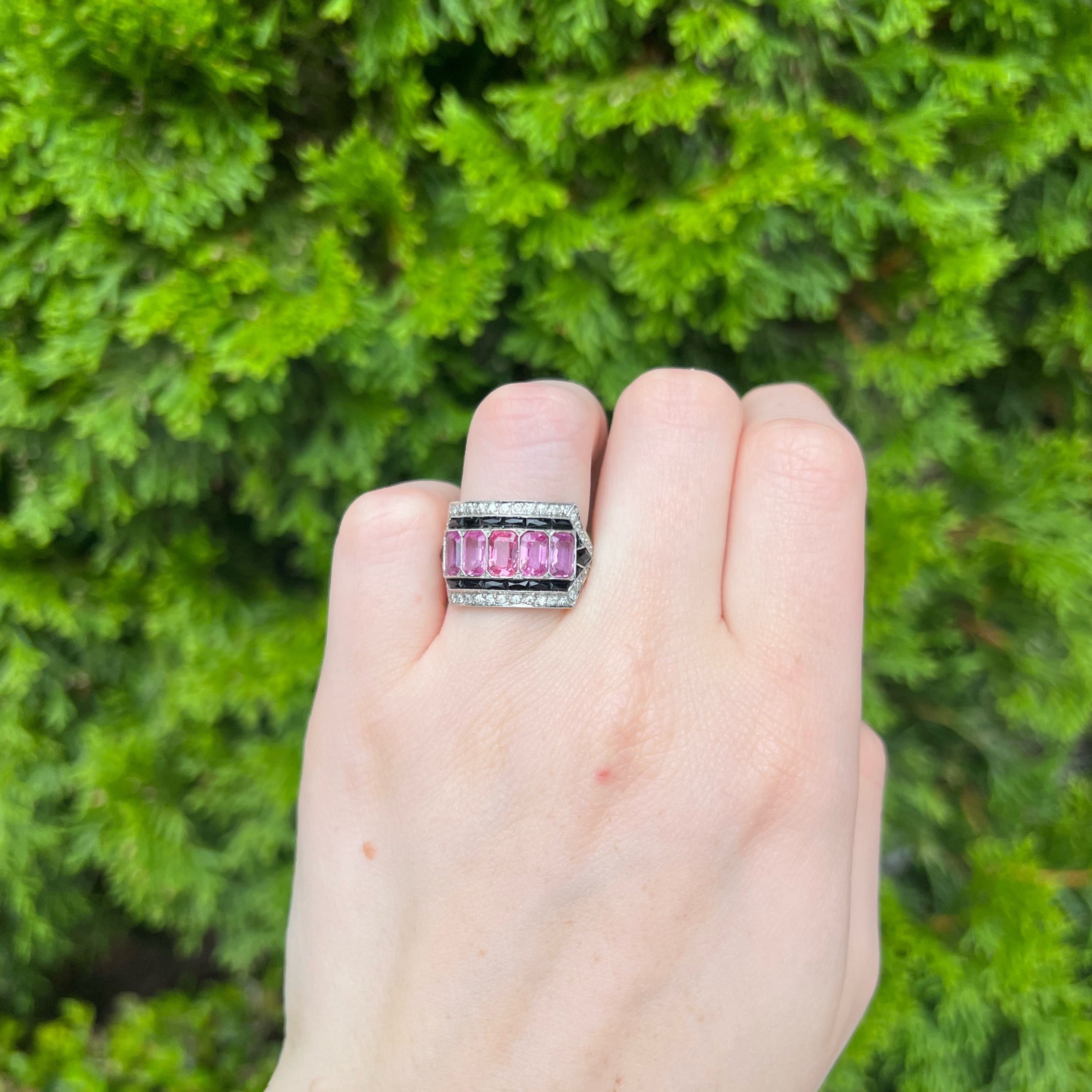 Pink Sapphire, Onyx and Diamond Ring