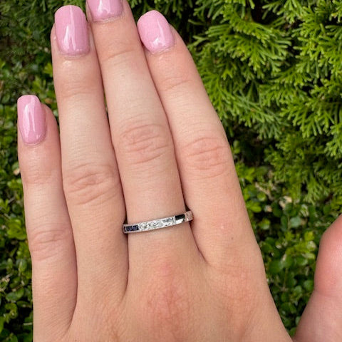 14k white gold diamond and blue sapphire band