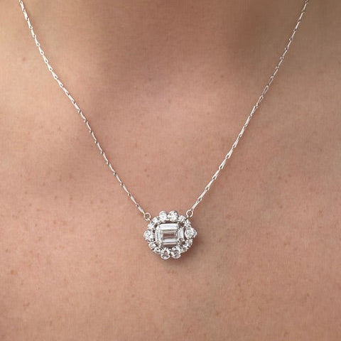 emerald cut diamond with diamond halo necklace