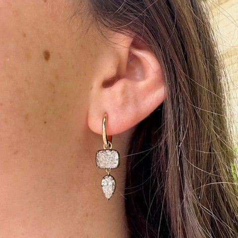 Georgian cushion and pear lab grown diamond dangle earrings