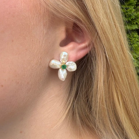 pearl and emerald flower studs