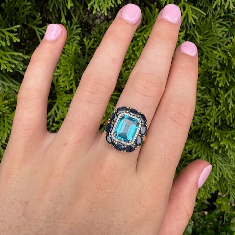 Blue Topaz, diamond and sapphire ring