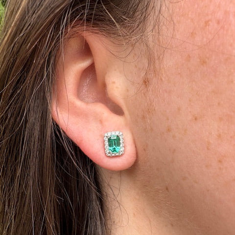 emerald cut emerald and diamond stud earrings