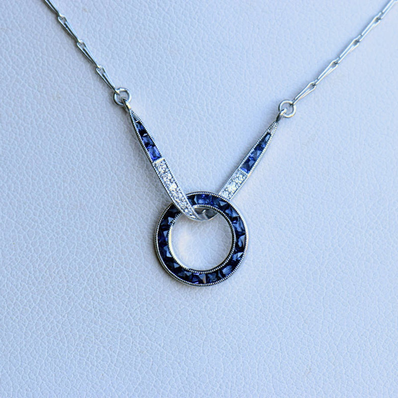 art deco inspired sapphire and diamond infinity necklace