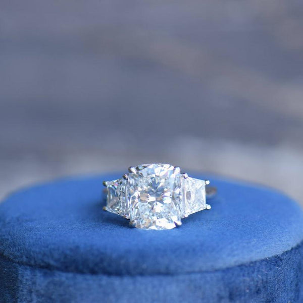 Elongated Cushion and Trapezoid Engagement Ring