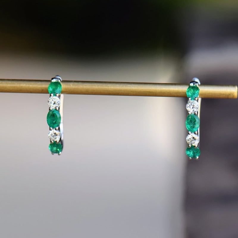 oval emerald and diamond hoops