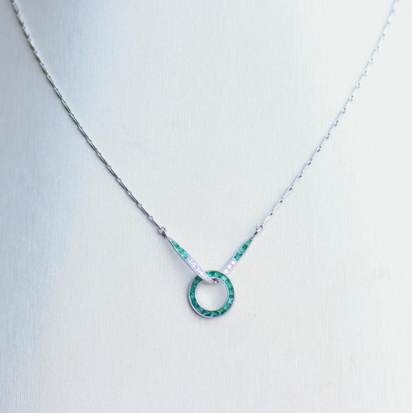 Art Deco Inspired Emerald and Diamond Infinity Necklace
