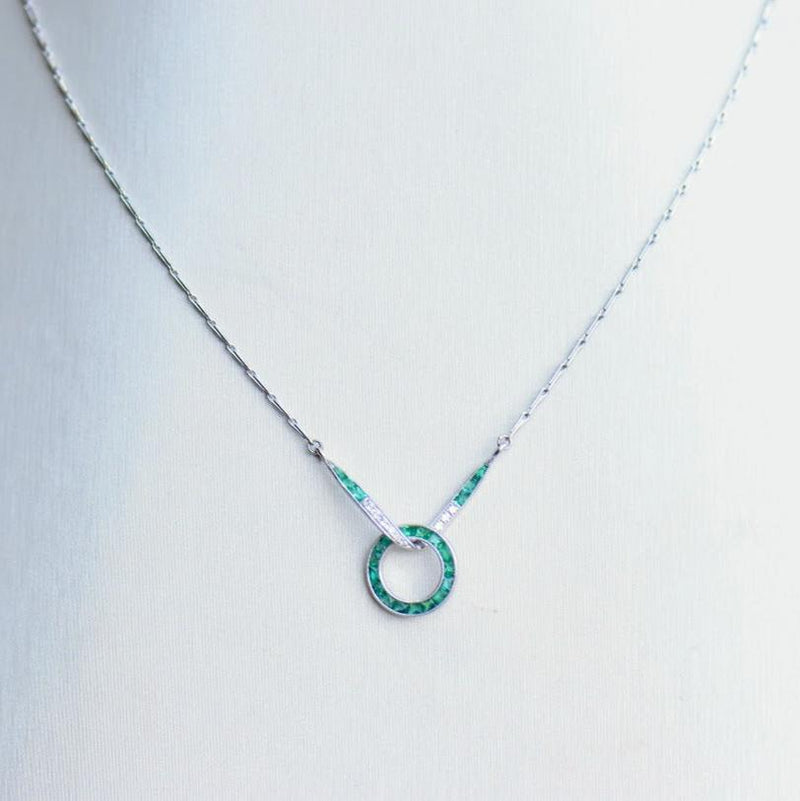 Art Deco Inspired Emerald and Diamond Infinity Necklace