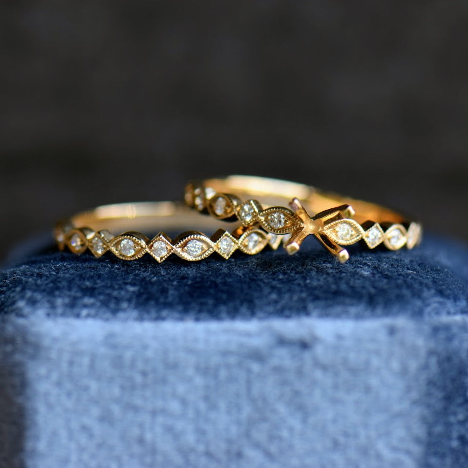 Vintage Inspired Yellow Gold Diamond Accent Ring Set