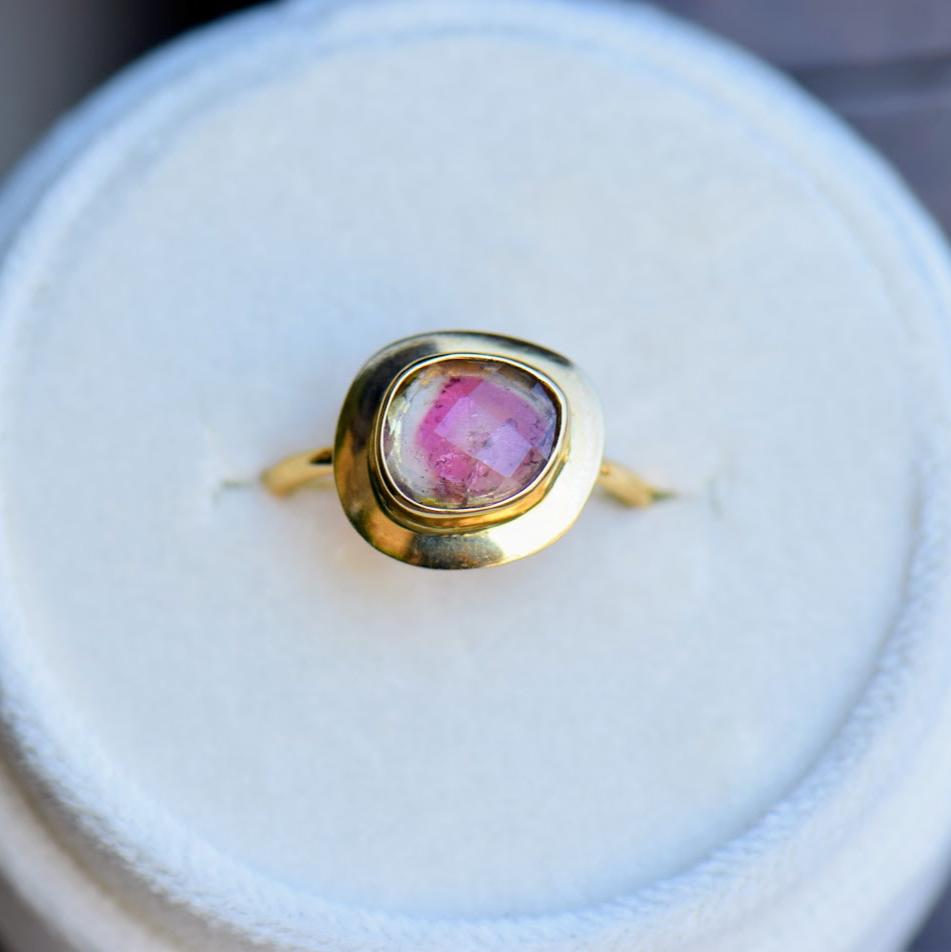 Watermelon Tourmaline Rose Cut Bezel Ring