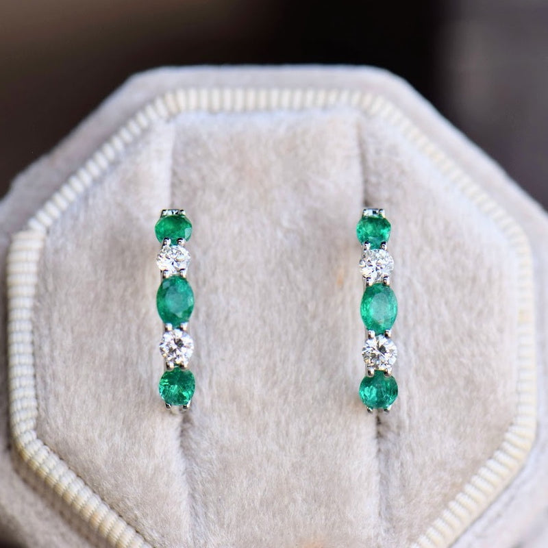 oval emerald and diamond hoops