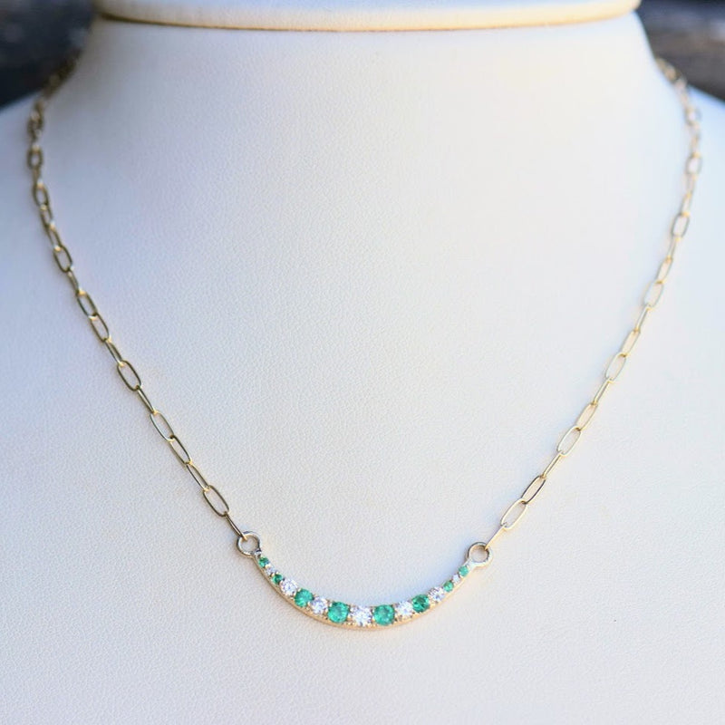 Yellow Gold Diamond and Emerald Crescent Necklace