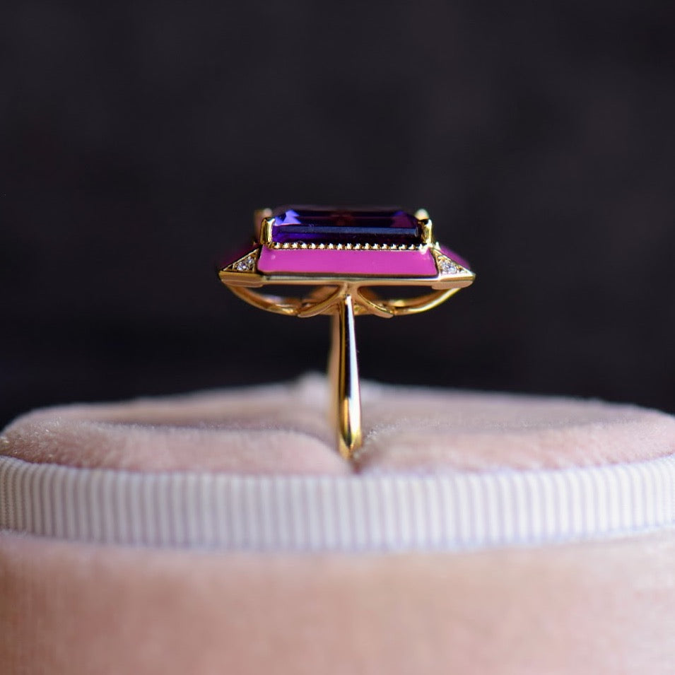 Amethyst and Pink Enamel Ring