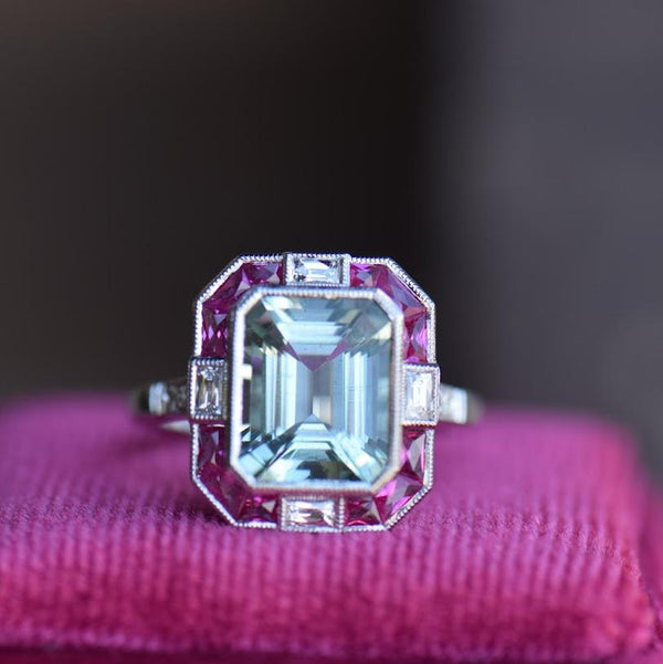 Aquamarine ruby and diamond ring