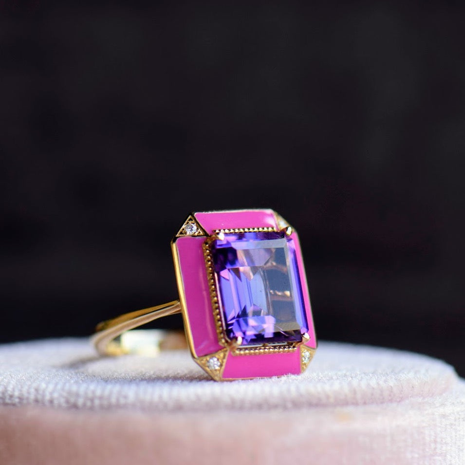 Amethyst and Pink Enamel Ring