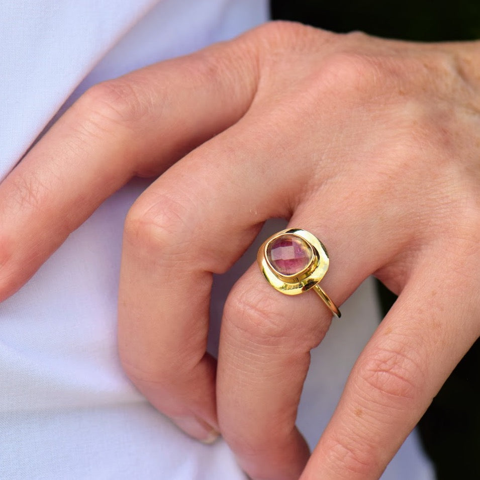 Watermelon Tourmaline Rose Cut Bezel Ring