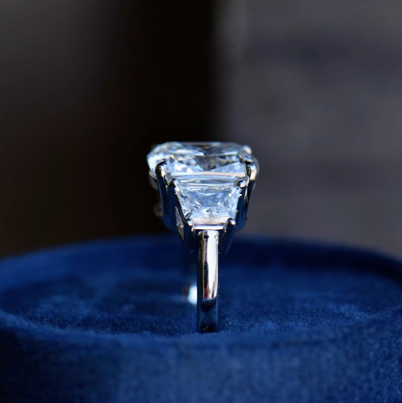 Elongated Cushion and Trapezoid Engagement Ring