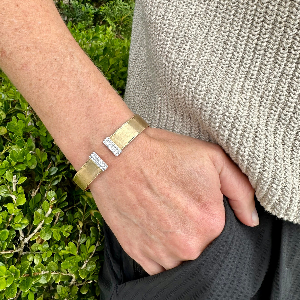 Yellow Gold Hammered Satin Cuff Bracelet