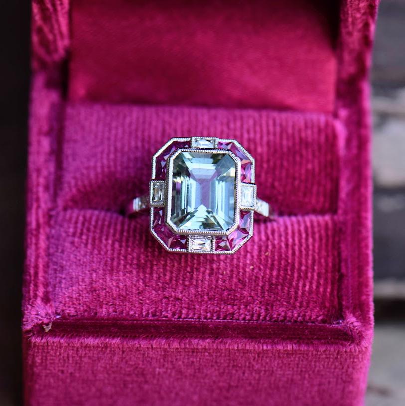 Aquamarine ruby and diamond ring