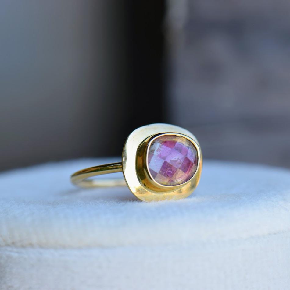 Watermelon Tourmaline Rose Cut Bezel Ring