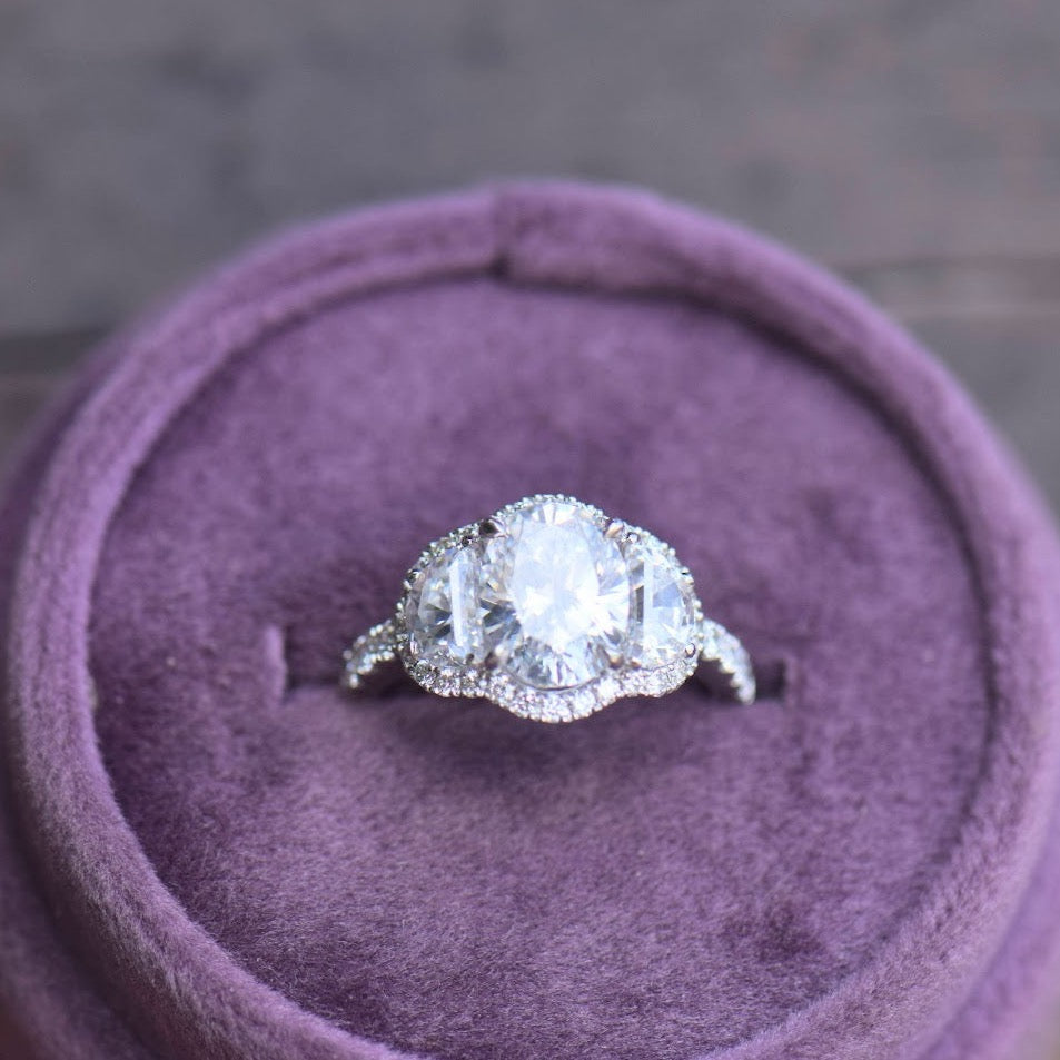Platinum Three Stone Diamond Halo Ring