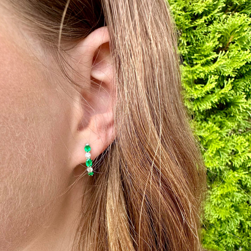 oval emerald and diamond hoops