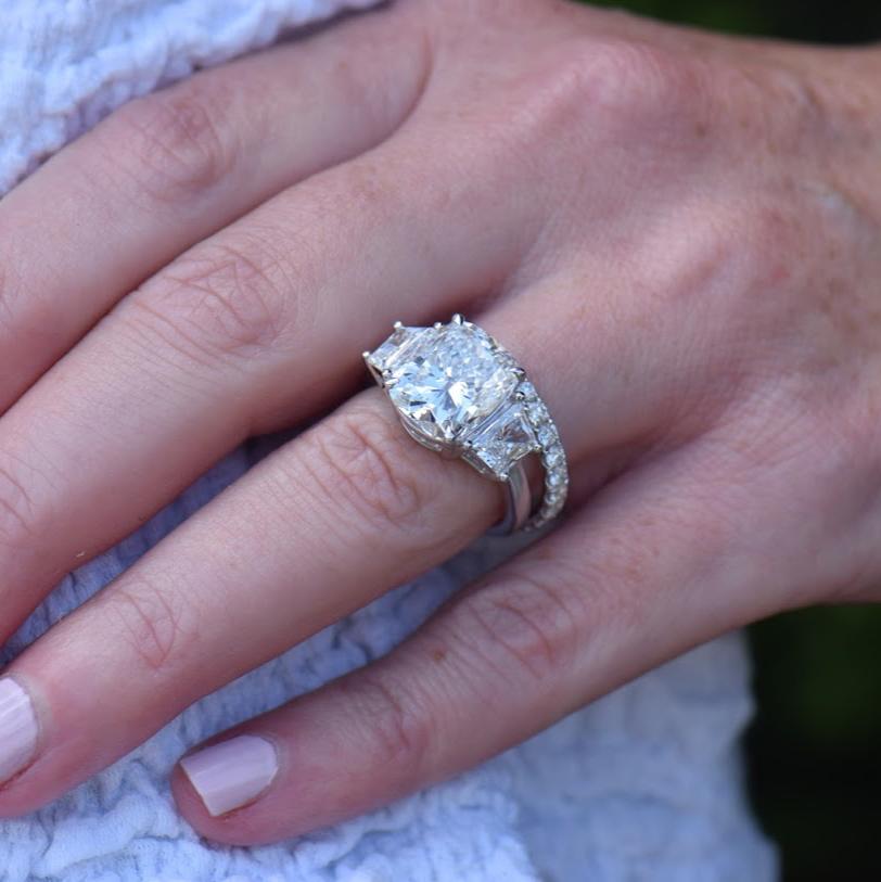 Elongated Cushion and Trapezoid Engagement Ring