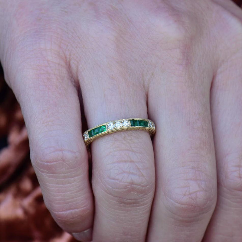 emerald and diamond yellow gold band