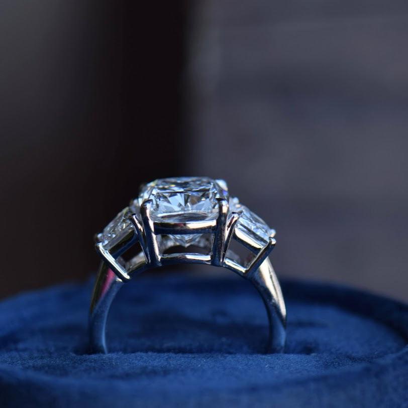 Elongated Cushion and Trapezoid Engagement Ring