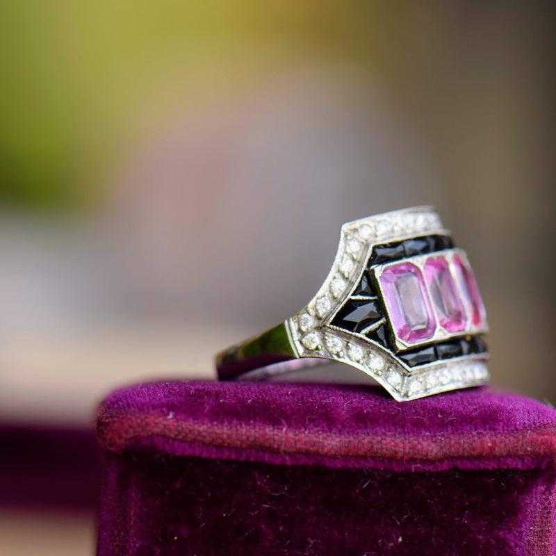 Pink Sapphire, Onyx and Diamond Ring