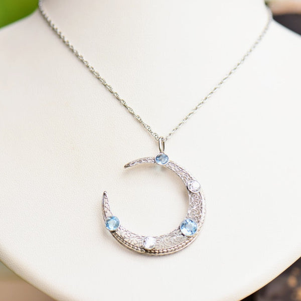 Aquamarine and Diamond Crescent Pendant