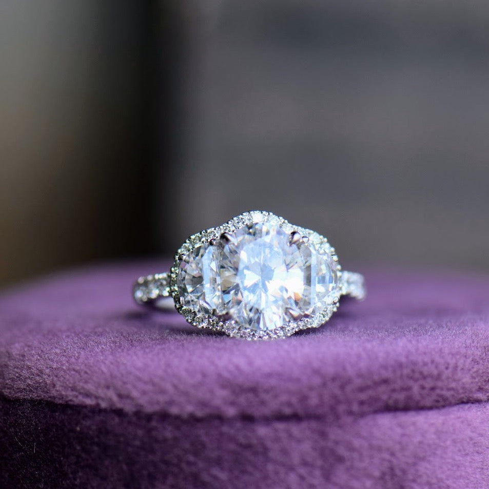 Platinum Three Stone Diamond Halo Ring