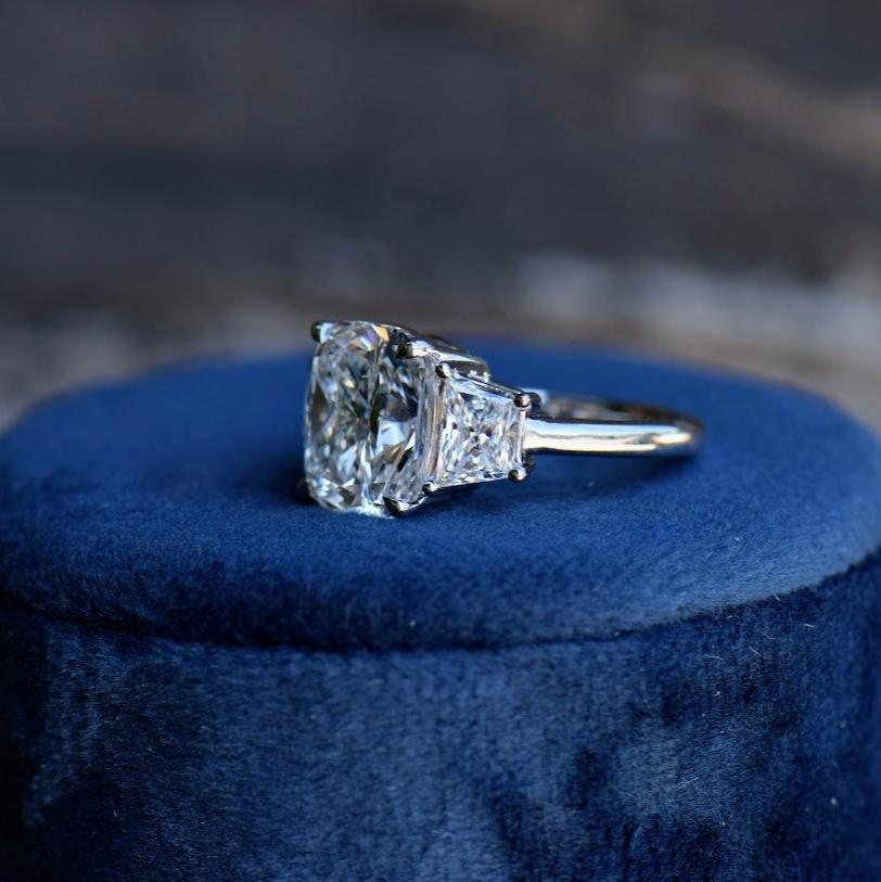 Elongated Cushion and Trapezoid Engagement Ring