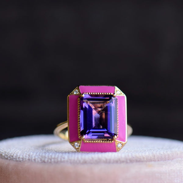 Amethyst and Pink Enamel Ring