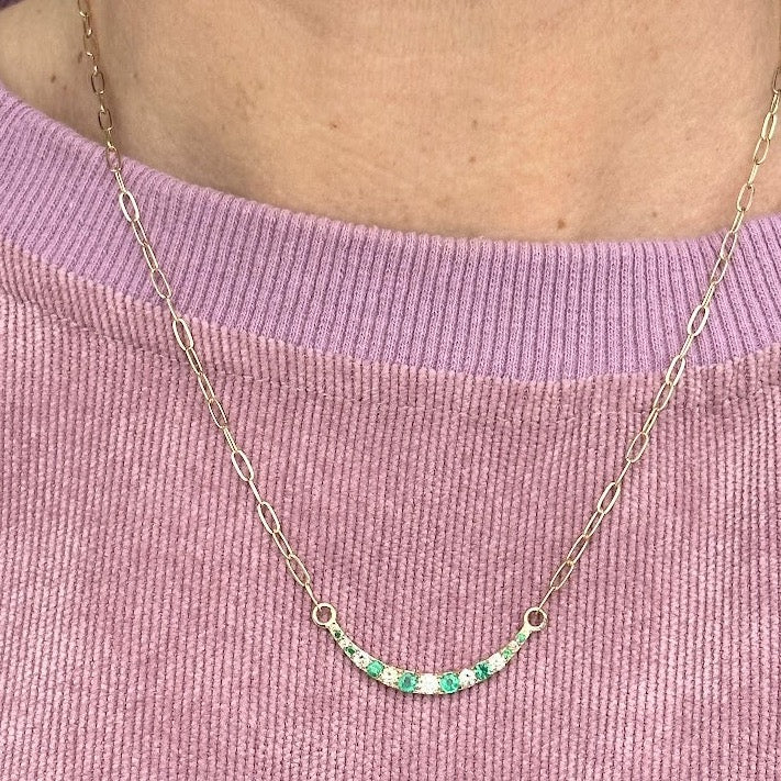 Yellow Gold Diamond and Emerald Crescent Necklace