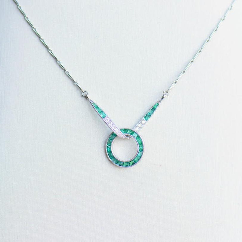 Art Deco Inspired Emerald and Diamond Infinity Necklace