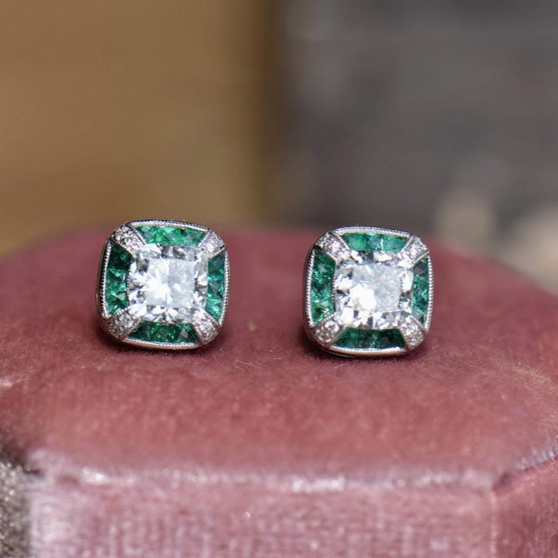 vintage inspired diamond and emerald halo earrings