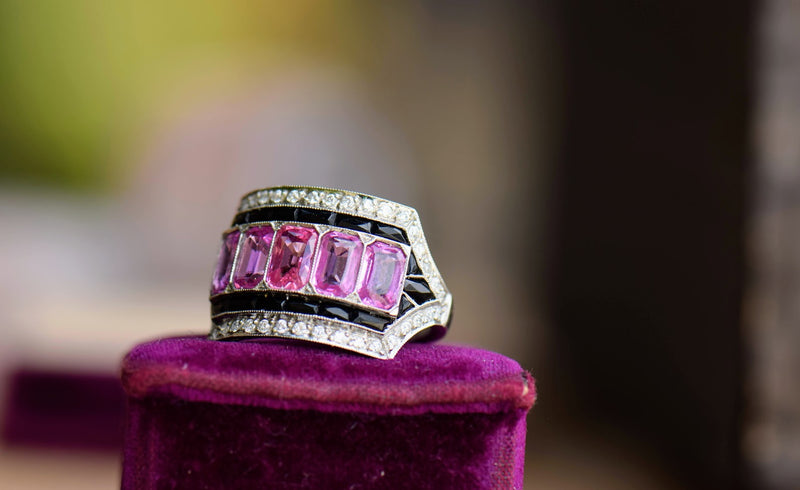 Pink Sapphire, Onyx and Diamond Ring