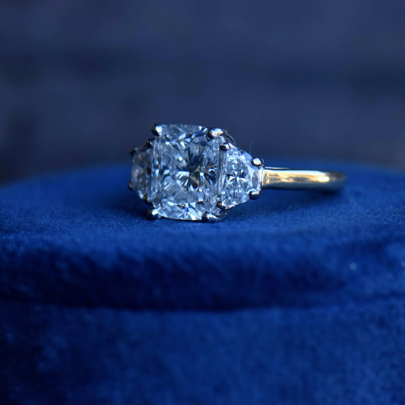 elongated cushion and half moon diamond ring