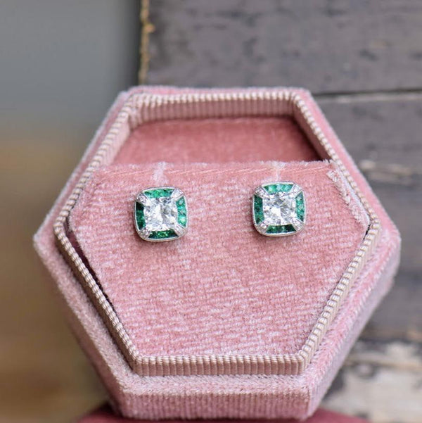 vintage inspired diamond and emerald halo earrings