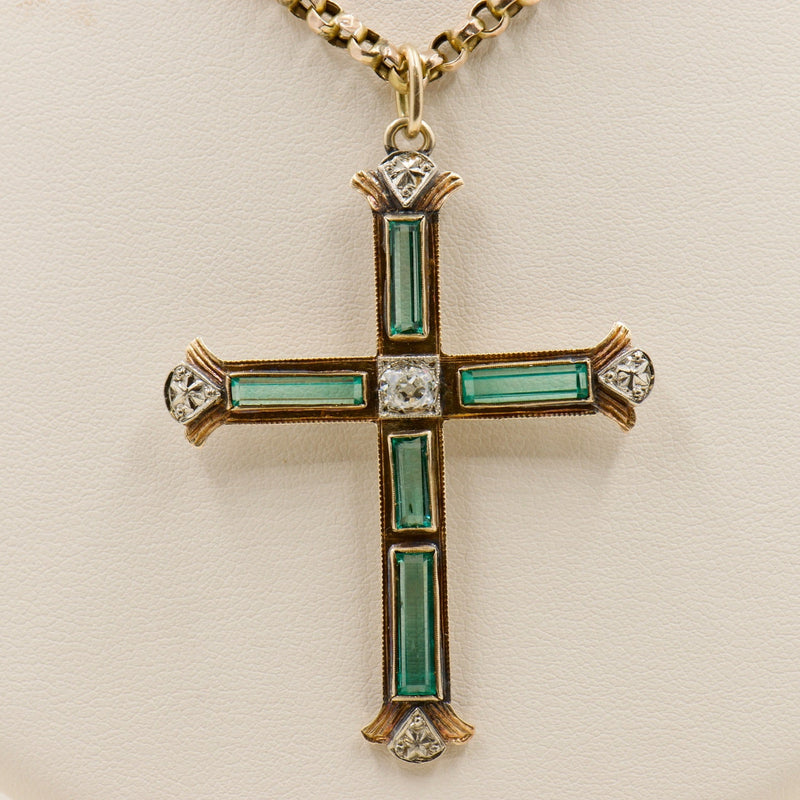 Emerald and Diamond Cross Necklace