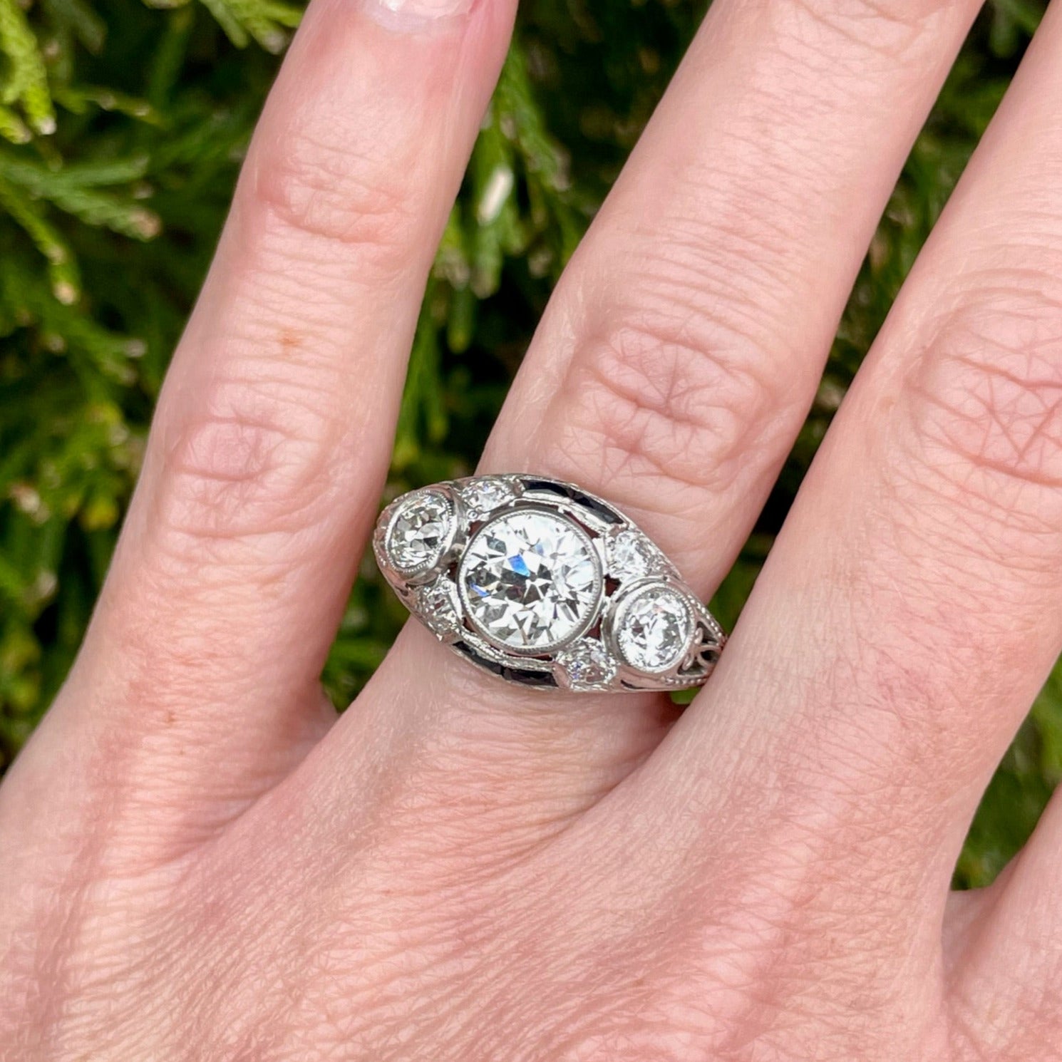 1920's Three Stone Diamond and Sapphire Ring
