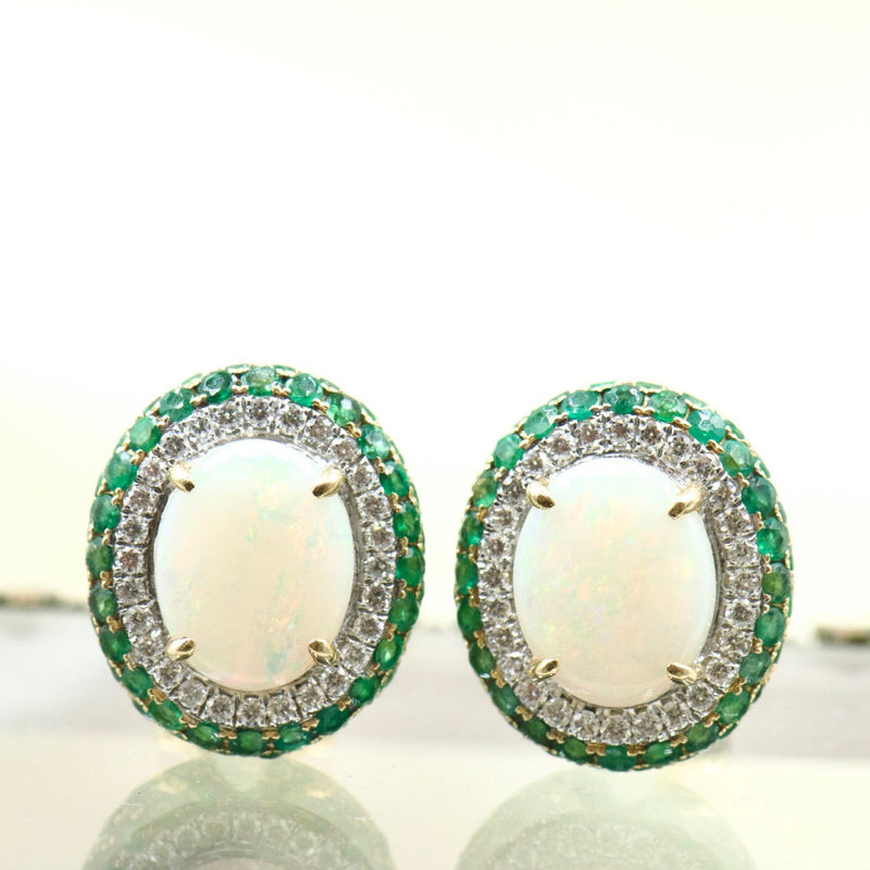 Opal, Emerald and Diamond Double Halo Earrings