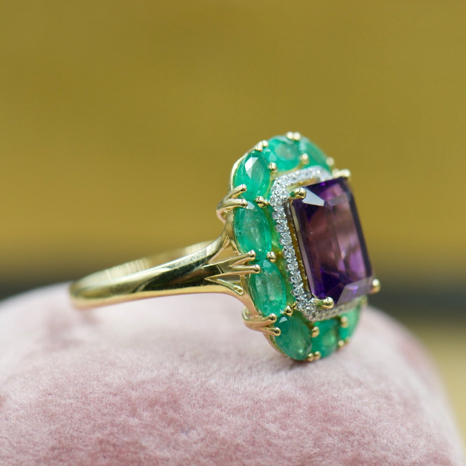 Amethyst Ring with Emerald and Diamond Double Halo