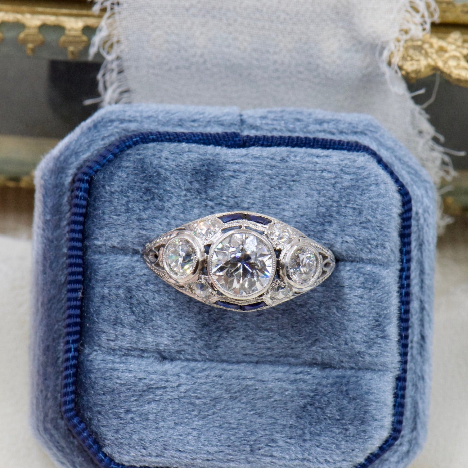 1920's Three Stone Diamond and Sapphire Ring