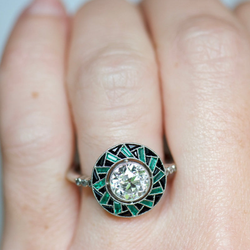 Art Deco Diamond, Emerald and Onyx Ring
